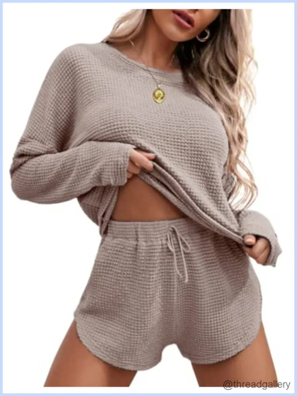 Waffle Knit Pajama Set Long Sleeve Top & Shorts Lounge Set
